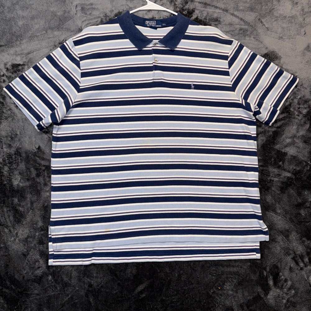 Polo Ralph Lauren Mens XXL Blue Striped Cotton‎ Waffle Knit Short Sleeve Polo